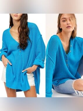 Free People Size Small Blue Firefly Surf Tunic Sweater Baggy Relaxed Boho